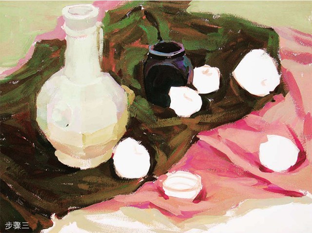 《色彩花瓶、陶罐与水果》静物组合画步骤（3）