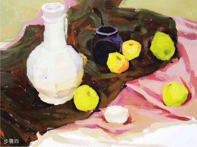 《色彩花瓶、陶罐与水果》静物组合画步骤（4）