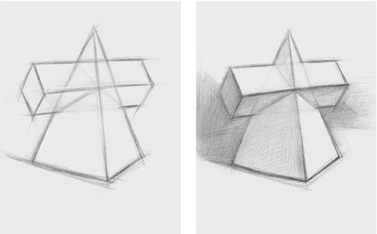 素描方锥结合体的画法步骤一和二