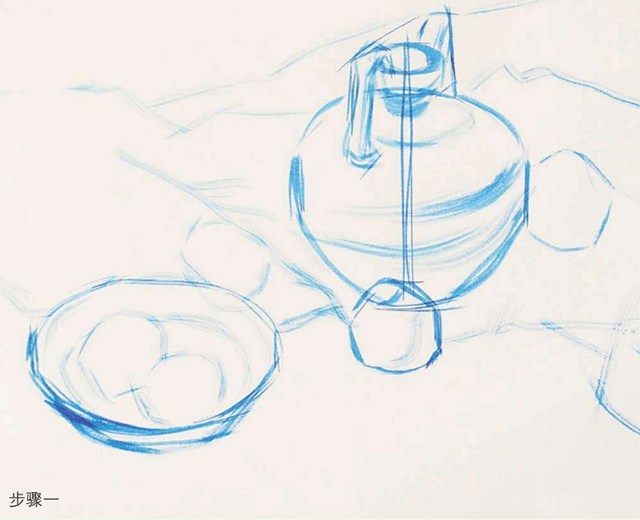 《陶罐、玻璃碗与水果》作画步骤（1）