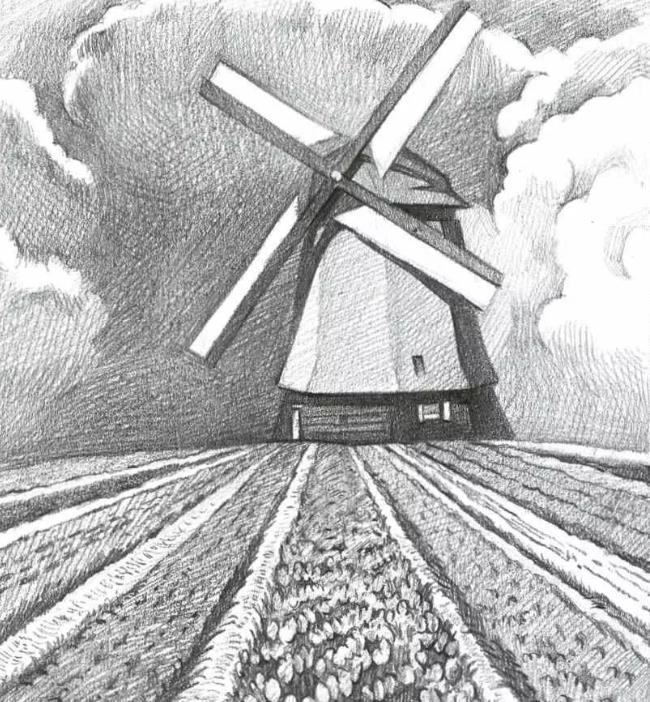 风景素描教程：风车的画法