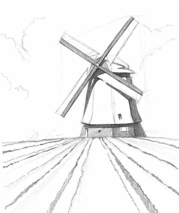 风景素描教程：风车的画法
