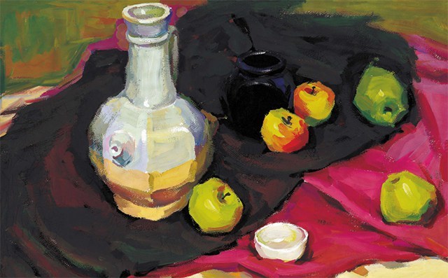 《色彩花瓶、陶罐与水果》静物组合画步骤（5）
