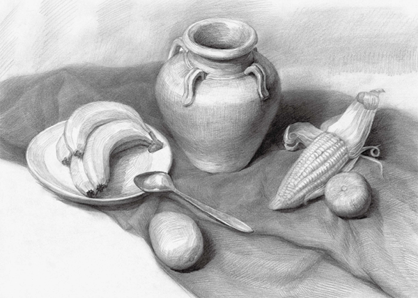 陶罐与水果组合素描图片