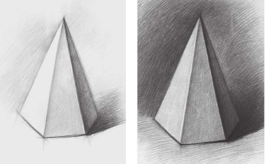 素描六棱锥体的画法步骤三和四