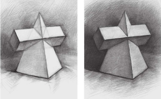 素描方锥结合体的画法步骤三和四